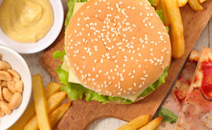 Processed food illustration burger and fries pizza junk food