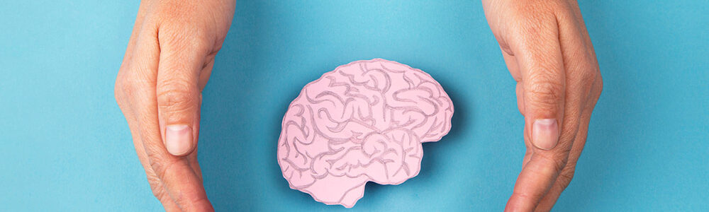 Photo of person's hand around brain diagram