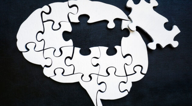 Illustration of a brain broken up into puzzle pieces.