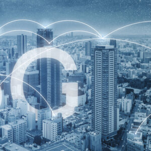 5G internet networking in the city, cityscape and connections link