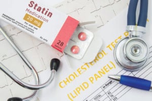 Effects and treatment of statins concept photo. Open packaging with drugs tablets, on which is written "Statin Medication", lies near stethoscope, result analysis on cholesterol (lipid panel) and ECG