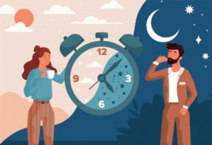 Circadian rhythm concept illustration with man and woman beside a clock